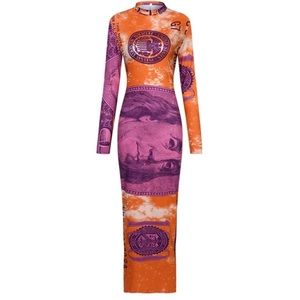 Mesh Maxi Dress 100 Dollar Printed Large Purple Orange Benjamin Franklin EUC